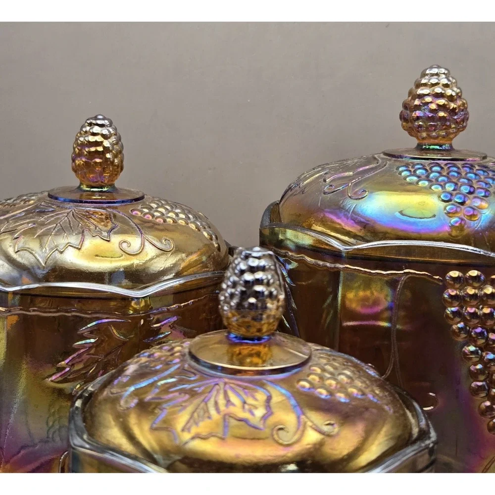 Vintage Carnival Glass Marigold Harvest Grape Canisters BX